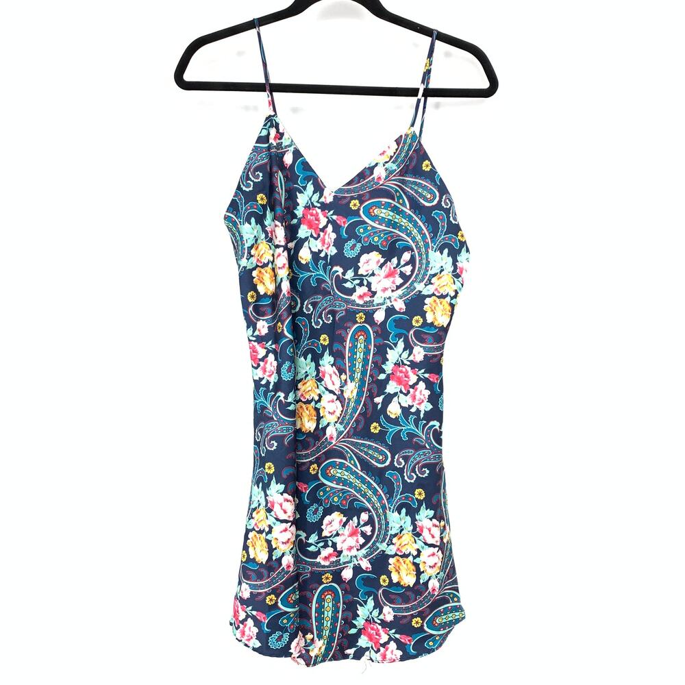 Vintage Slip Dress Womens Size Medium Paisley Floral Print Blue Multicolor
